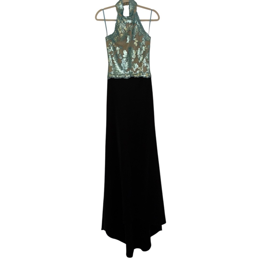 Vintage Black and Blue Sequin Lace Maxi Dress